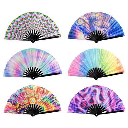 33cm Large Folding Hand Rave Fan Chinease/Japanese Gradient Colorful Reflective Foldable Fan Music Festival Fan Dance Fan Gifts