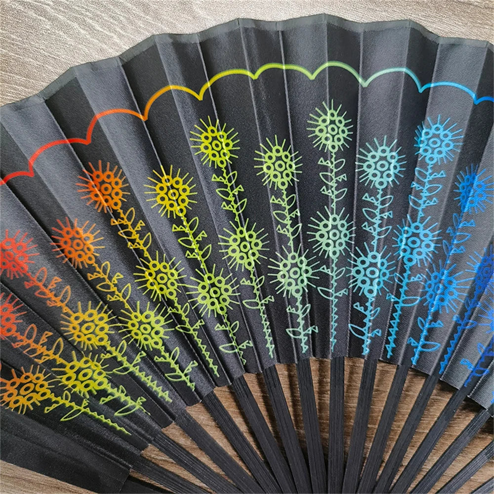 23cm Classic Folding Fan Hand Fans Rainbow Print Black Bamboo Bone Fan Cooling Handheld Fan Festival Performance Dance Fan Gifts