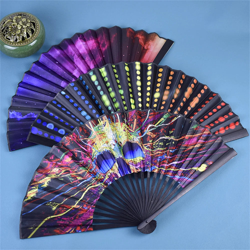 23cm Classic Folding Fan Hand Fans Rainbow Print Black Bamboo Bone Fan Cooling Handheld Fan Festival Performance Dance Fan Gifts