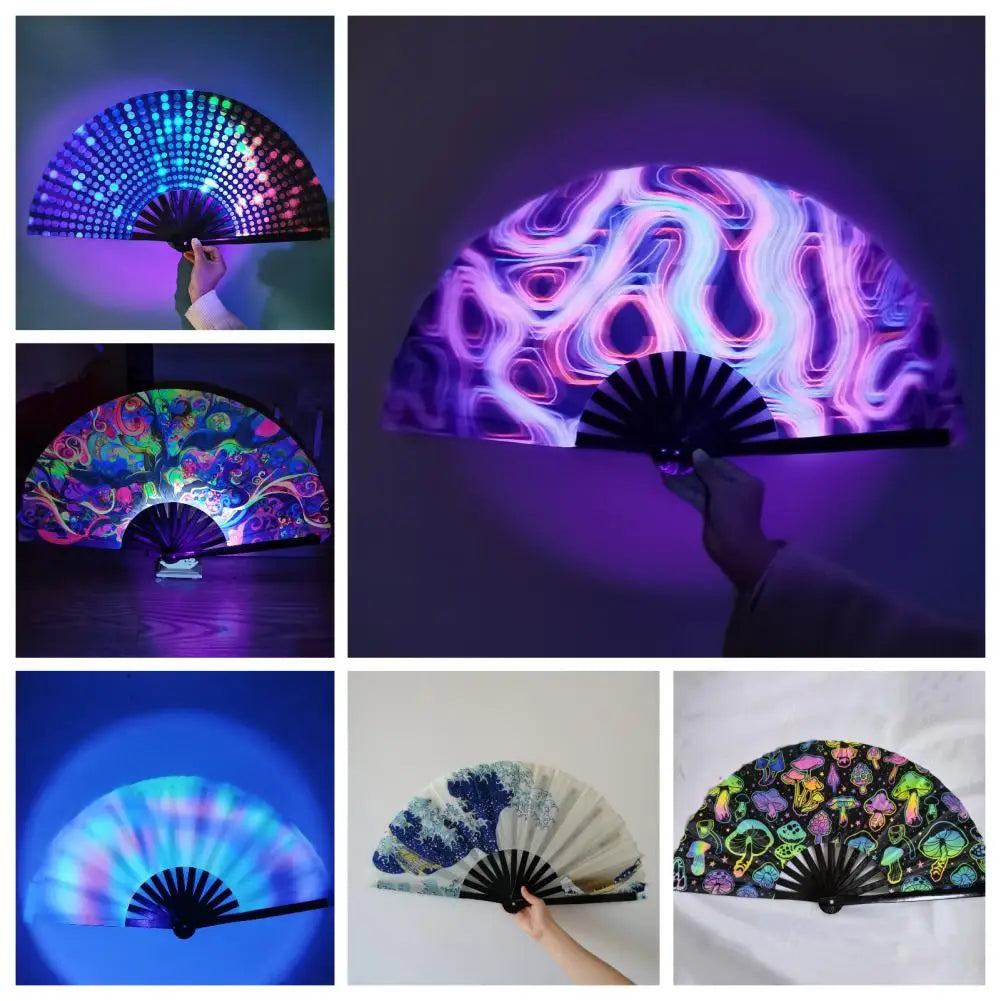 Folding Fan Colorful Holographic Rave Fans Bamboo Hand Fans for Festival Dancing Parties