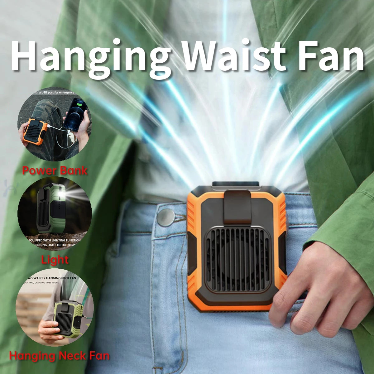 Portable Waist Fan USB Rechargeable Hanging Neck Fan 4000mAh Mini Electric Fans Outdoor Sports Waist Clip On Fan with Power Bank