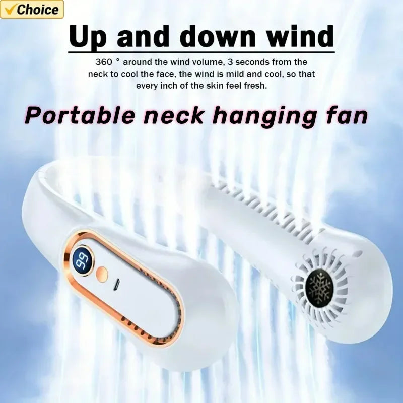 Refrigeration leaf less neck hanging fan portable lazy person carrying neck hanging small fan on electric fan mini USB rechargea