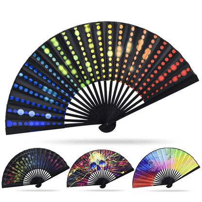 23cm Classic Folding Fan Hand Fans Rainbow Print Black Bamboo Bone Fan Cooling Handheld Fan Festival Performance Dance Fan Gifts