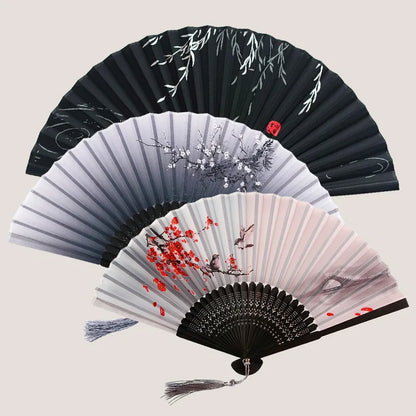 Folding fan bamboo ancient fan Chinese Vintage Style Silk Handheld Fan Foldable Bamboo Framed Decorative Folding Fans