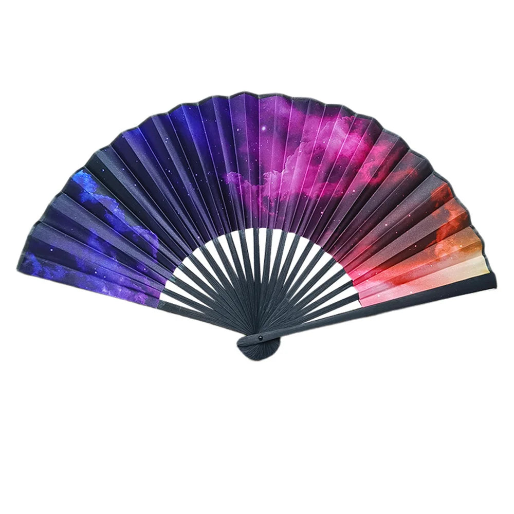 23cm Classic Folding Fan Hand Fans Rainbow Print Black Bamboo Bone Fan Cooling Handheld Fan Festival Performance Dance Fan Gifts