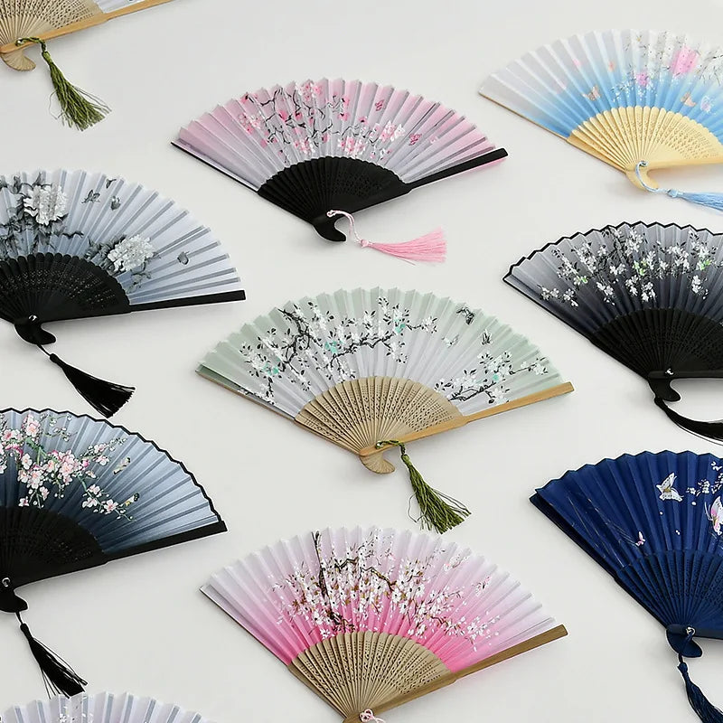 Folding fan bamboo ancient fan Chinese Vintage Style Silk Handheld Fan Foldable Bamboo Framed Decorative Folding Fans