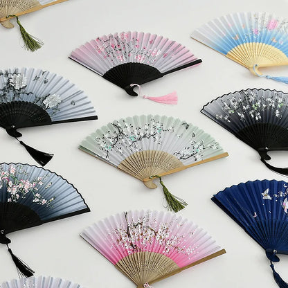 Folding fan bamboo ancient fan Chinese Vintage Style Silk Handheld Fan Foldable Bamboo Framed Decorative Folding Fans