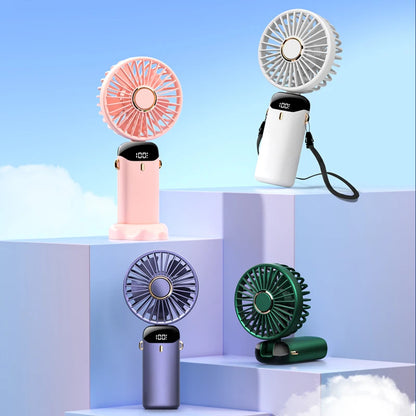 Handheld Mini Fan Foldable Portable Neck Hanging Fans 5 Speed USB Rechargeable Fan with Phone Stand and Display Screen